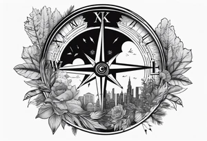 half compass half clock with arrow in the middle; nature on one side, cityscape on one side tattoo idea