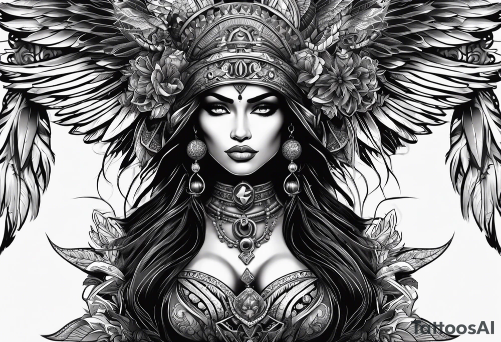 black kali, goddess pirate, alien, pachamama, valkrye, warrior, skull, lotus azul, wing, eagle, zenza resonance, stars, 5D tattoo idea
