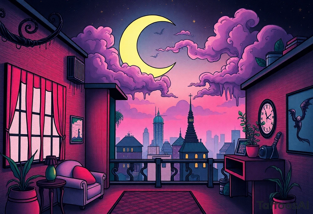 Tim Burton’s haunted pastel Tokyo apartment and dripping with muted reds, dusty pinks, and eerie green glow.purple and cyan smokey clouds swirl in the crescent moonlit sky thats sprinkled with stars tattoo idea tattoo idea