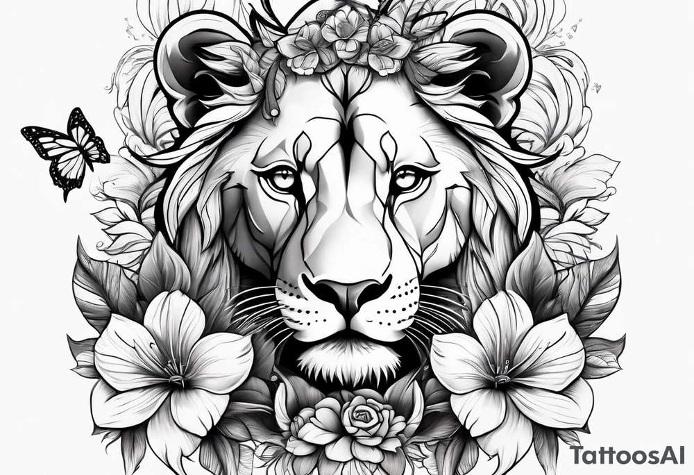 Lioness covered in feathers lilies and butterflies tattoo idea