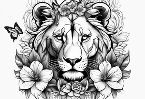 Lioness covered in feathers lilies and butterflies tattoo idea