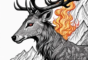 A spooky dead NO SKIN lore accurate wendigo side profile surrounded by a forest fire in background tattoo idea