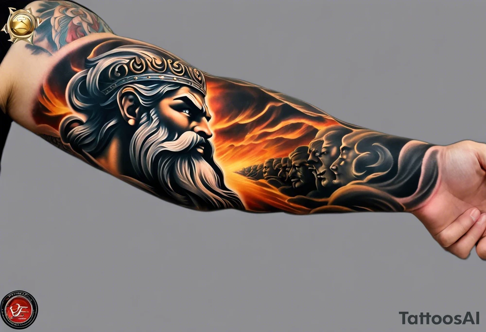 Full left arm tattoo sleeve with the Greek gods, Zeus, Poseidon and Hades. Zeus' face with a lightning bolt coming out of one eye is at the left shoulder, Poseidon's  face with a trident as one of his eyes is at the left upper arm and Hades' face with 
a bident as one of his eyes is at the left forearm. tattoo idea