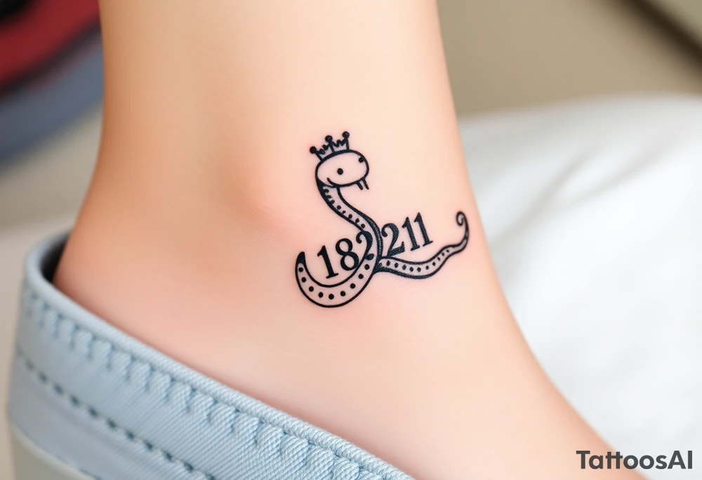 I want a small simple silhouette lines black and white wrist princess like girl snake tattoo that has number 12821 on its body along and also I want it to represent feminine energy crown queen Cycle tattoo idea