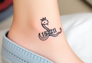 I want a small simple silhouette lines black and white wrist princess like girl snake tattoo that has number 12821 on its body along and also I want it to represent feminine energy crown queen Cycle tattoo idea