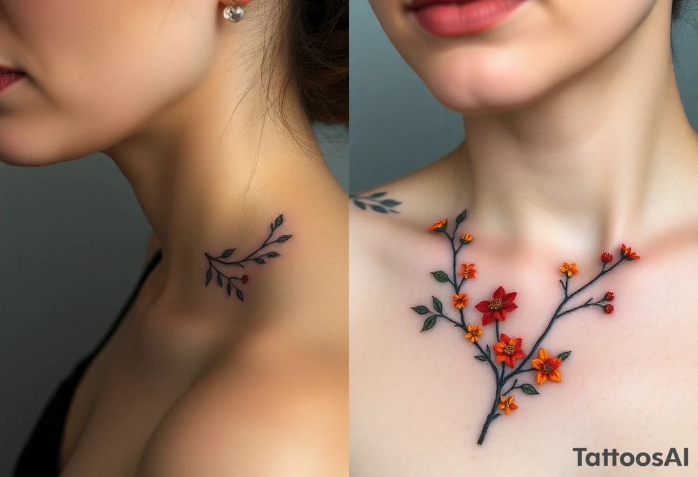 Two separate collarbone tattoos of long, thin stems and branches covered with red, orange, yellow and dark forest green leaves and flowers, fall themed, muted, delicate and gentle but moody, long and thin, following the collarbone. tattoo idea