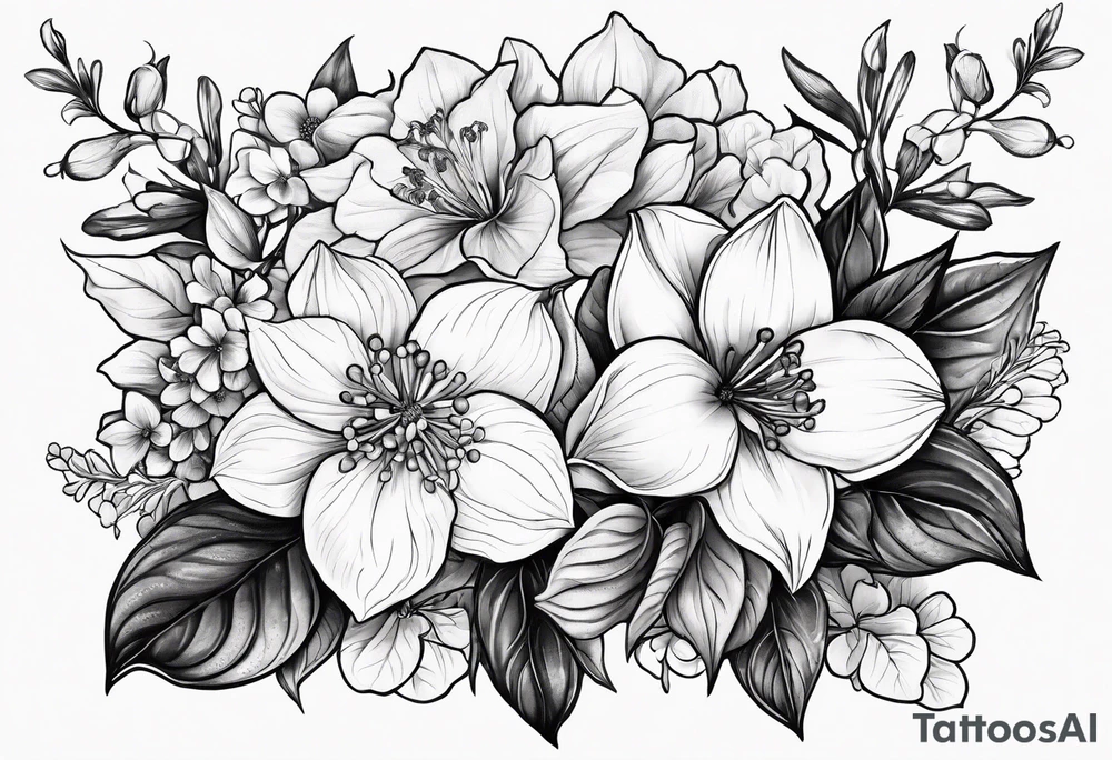 Hydrangea, Narcissus, Poinsettia, Holly, Gladiolus, Poppy, Daisy, Sweet Pea floral tattoo idea