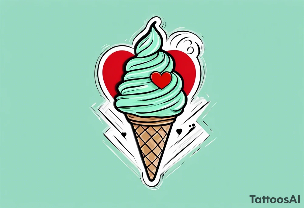 mint chocolate chip ice cream cone with small red heart on it somewhere. tattoo idea