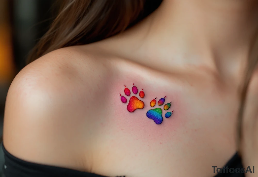 Rainbow Memorial Paw Prints – Fading paw prints in rainbow gradient colors from bright red to violet, representing a cat who has crossed the Rainbow Bridge. tattoo idea