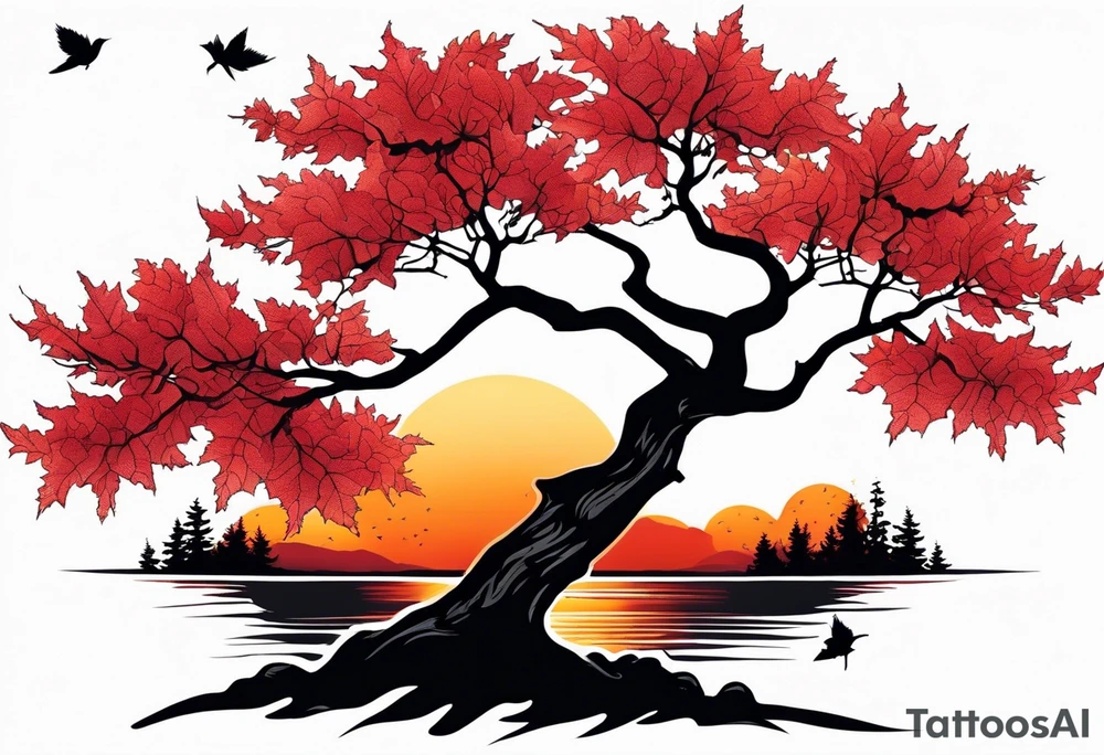 full left arm. A maple tree with red autumn leaves that branches upwards. White-throated dipper bird on the trees branches. Calluna flowers at the base of the trees stem. Tree stem has dark colors. Red/yellow sunset behind the trees stem. Leaves falling. tattoo idea