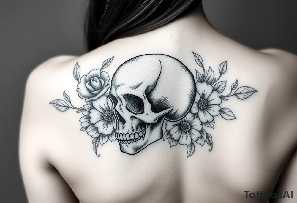 skull slightly facing left, surrounded by floral ornaments tattoo idea