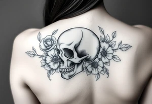 skull slightly facing left, surrounded by floral ornaments tattoo idea