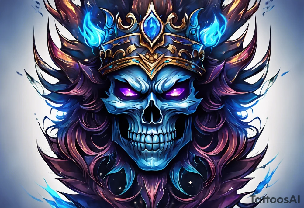 a demonic face with blue flames as majestic crown, deep set glowing galaxy styled eyes, skull faced with slightly open mouth and slight sliver of fangs, tattoo idea