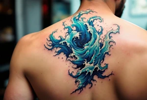 A crashing ocean wave in shades of emerald and cobalt crashes down the spine. tattoo idea