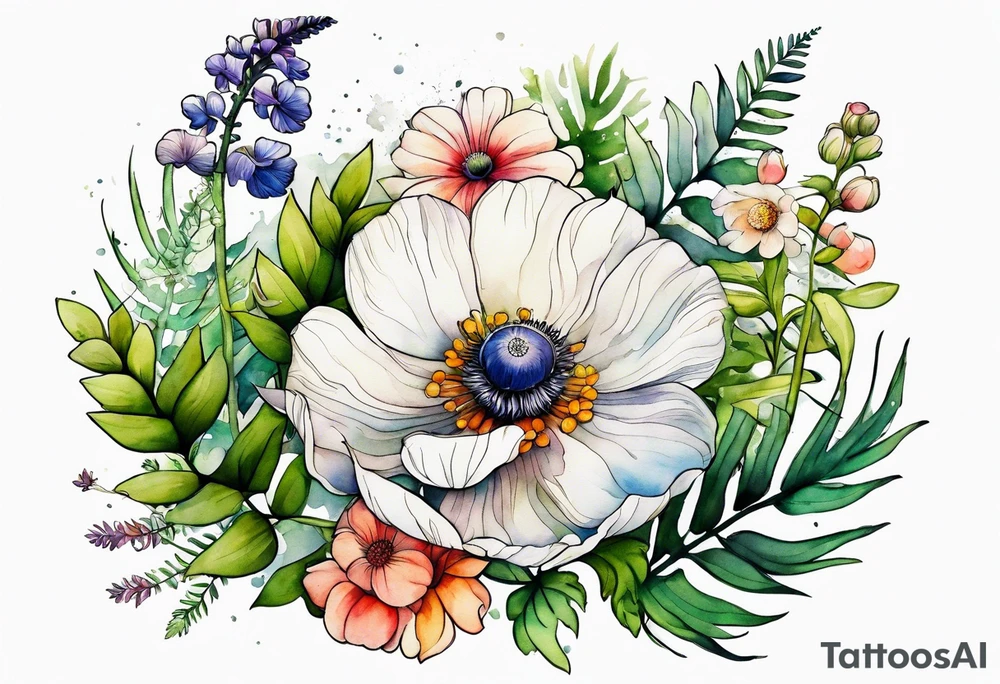 wild flowers with ferns and white anemone all watercolor tattoo idea