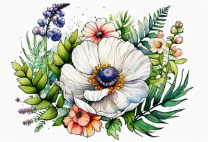 wild flowers with ferns and white anemone all watercolor tattoo idea