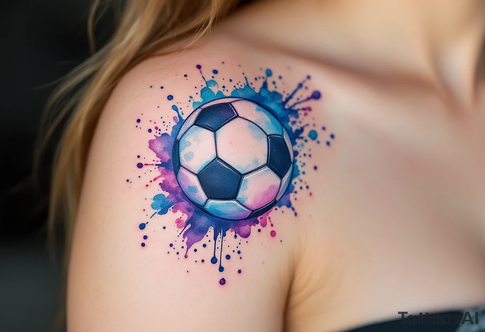 A watercolor-style soccer ball exploding with splashes of blue, purple, and pink ink. tattoo idea