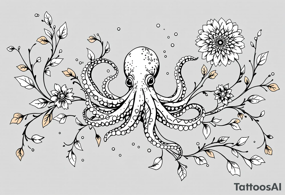 A unique, seamless tattoo composition combining marine and botanical elements. A small, realistic octopus with detailed linework and smooth black-and-grey shading is integrated into an elegant floral vine. The octopus’ tentacles flow naturally and intertwine with thin black swirling lines and soft, semi-transparent brown leaves that wrap around the upper arm and shoulder. On the shoulder, a delicate mandala-style flower blooms, with dotwork and ornamental flourishes that radiate outward.
The overall style is fine-line, minimalistic, and organic — blending the lifelike texture of the octopus with the graceful rhythm of the botanical flow. Feminine, artistic, and slightly surreal, as if the octopus is part of the natural growth of the vines. Design is intended for placement on the upper arm and shoulder, curving naturally with the body. tattoo idea