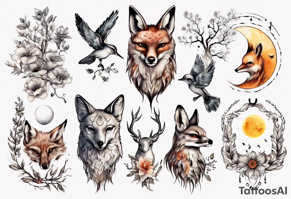 wasser, sonne, mond, fuchs, eule kolibri, wald, hirsch, blume des lebens, 
baum, berlin tattoo idea
