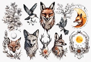 wasser, sonne, mond, fuchs, eule kolibri, wald, hirsch, blume des lebens, 
baum, berlin tattoo idea