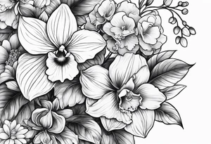 2 inch bouquet with hydrangeas and orchids tattoo idea