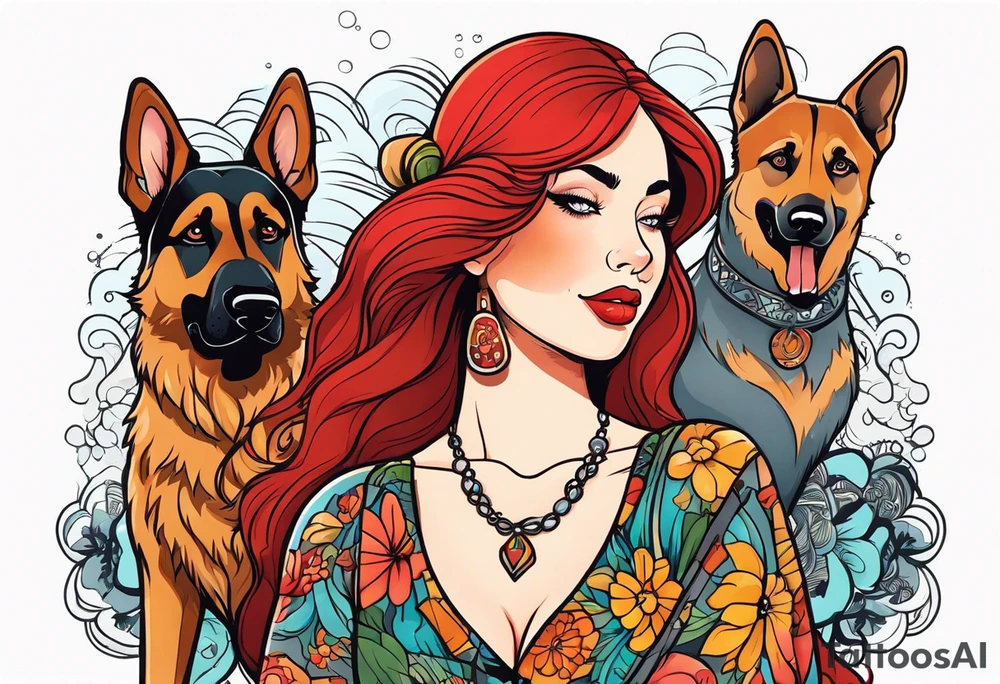 red hair woman with German shepherd dog tattoo idea