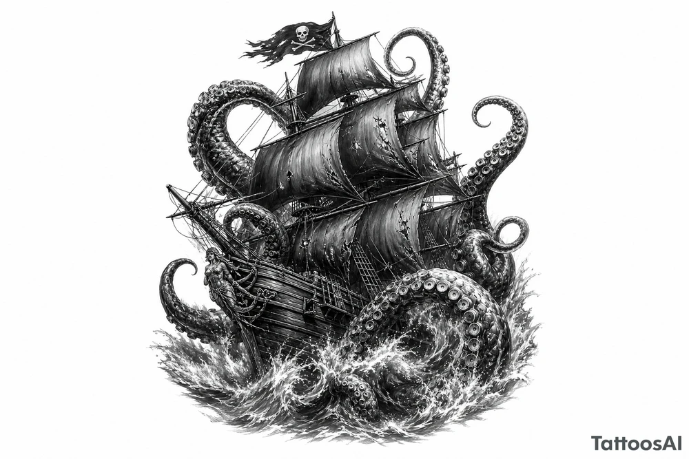 Black and grey pirate ship battling kraken tentacles, dark ocean, dramatic lighting. tattoo idea