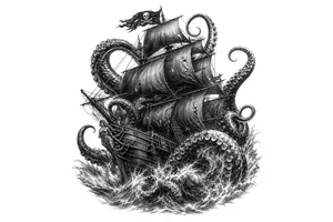 Black and grey pirate ship battling kraken tentacles, dark ocean, dramatic lighting. tattoo idea