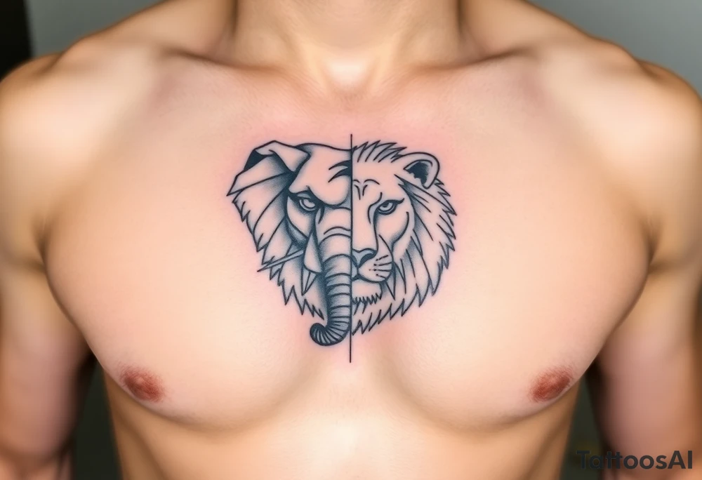 A half elephant half lion head divided by a vertical line tattoo idea