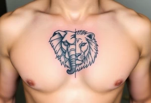 A half elephant half lion head divided by a vertical line tattoo idea