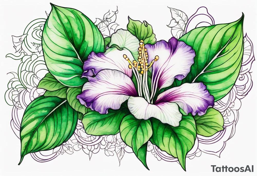 An outline of a green rio dipladenia flower and a green/purple watercolor in the background tattoo idea