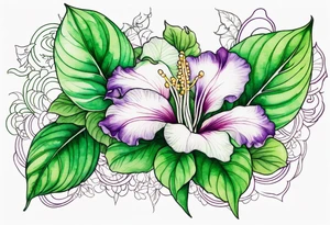 An outline of a green rio dipladenia flower and a green/purple watercolor in the background tattoo idea