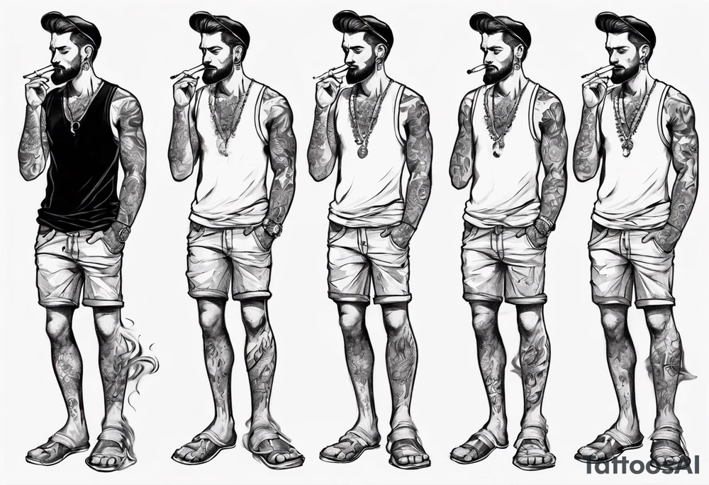 One handsome man in shorts, full-length, no hat, earrings in his ears stands smoking a cigarette tattoo idea
