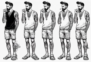 One handsome man in shorts, full-length, no hat, earrings in his ears stands smoking a cigarette tattoo idea