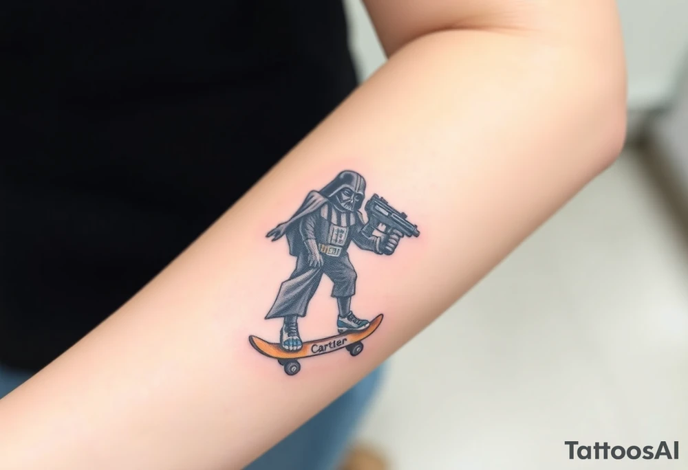 Darth Vader skateboarding with gun> bullets > memorial > god > colors > futuristic/space/star wars
add name "Darth Carter" on skateboard
add date 12/29/88-01/06/24 tattoo idea