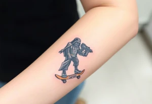 Darth Vader skateboarding with gun> bullets > memorial > god > colors > futuristic/space/star wars
add name "Darth Carter" on skateboard
add date 12/29/88-01/06/24 tattoo idea