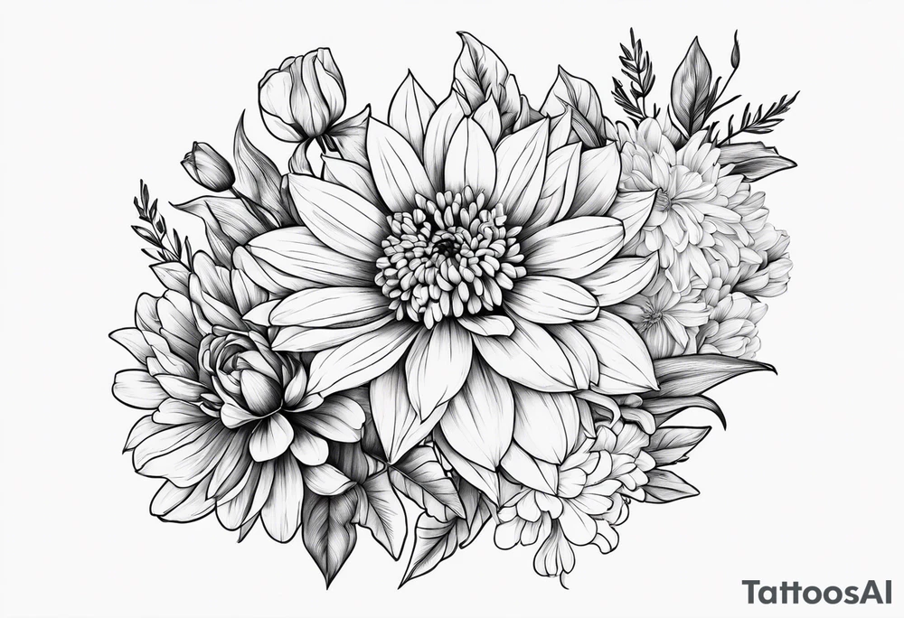 Aster, Chrysanthemums, Rose, Daffodil, Gladiolus tattoo idea