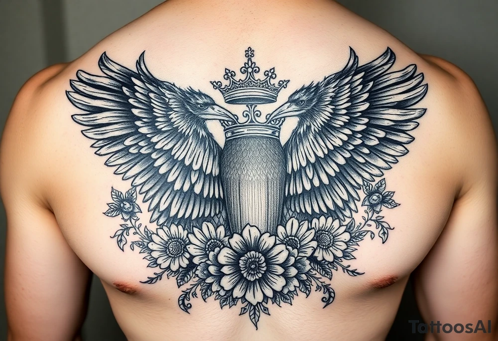 Chest tattoo,powerful majestic ravens with a crown, surrounded by floral ornaments and birds tattoo idea