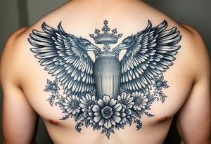 Chest tattoo,powerful majestic ravens with a crown, surrounded by floral ornaments and birds tattoo idea