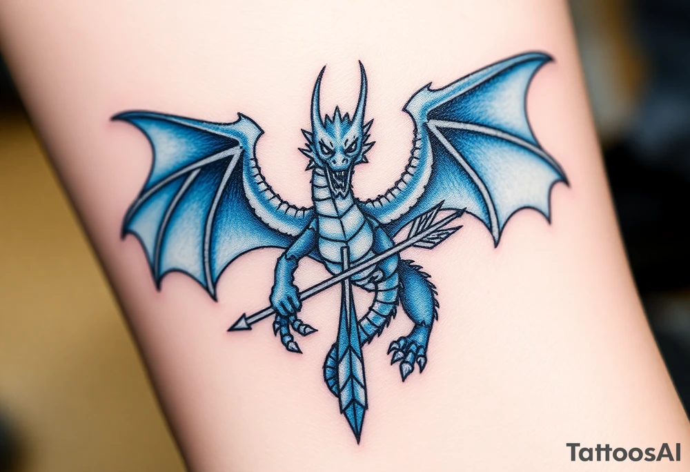 Blue fire breathing dragon with wings spread and an arrow through its chest tattoo idea