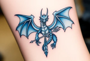 Blue fire breathing dragon with wings spread and an arrow through its chest tattoo idea