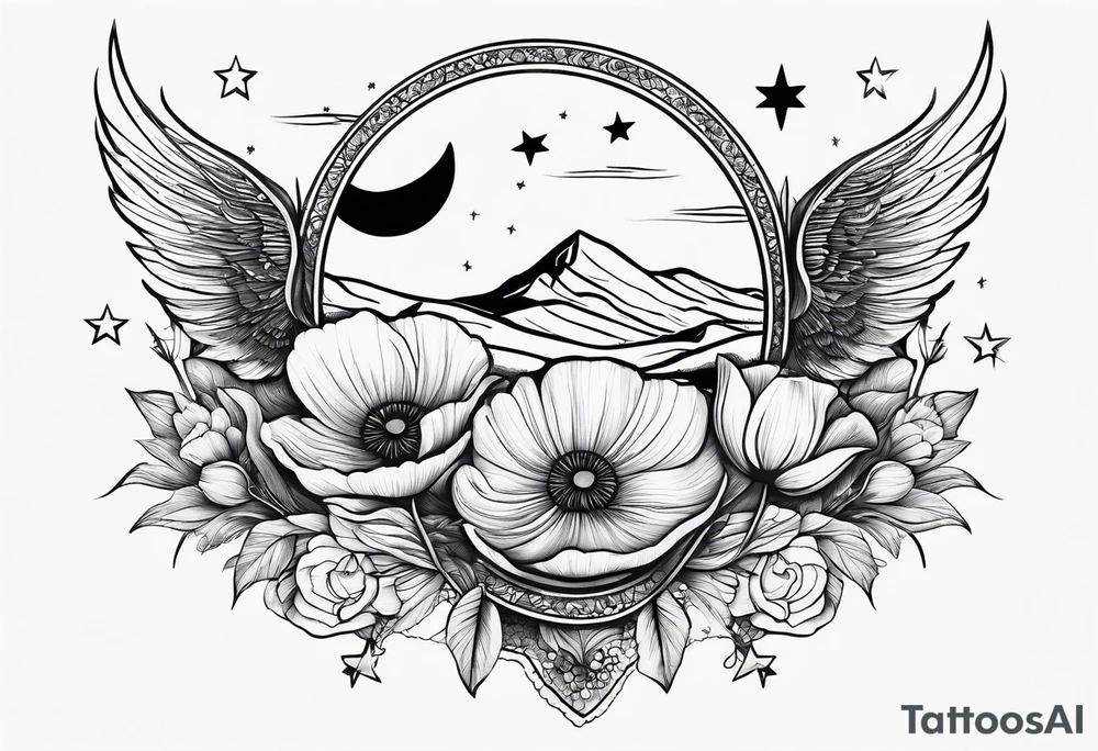 fine line spine tattoo with stars, moon, clouds, poppy tattoo idea