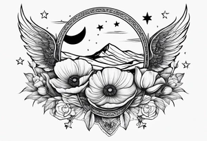 fine line spine tattoo with stars, moon, clouds, poppy tattoo idea