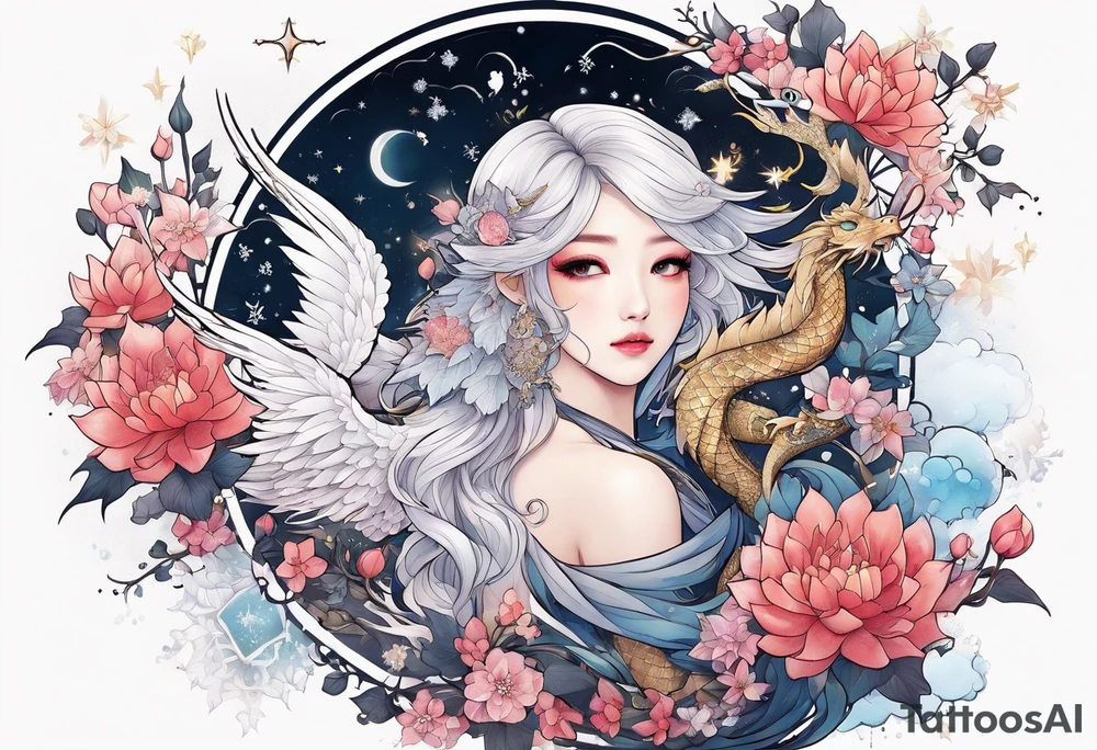 Constellation, wing , snow , cross , dragon female japan kawaii , flower tattoo idea