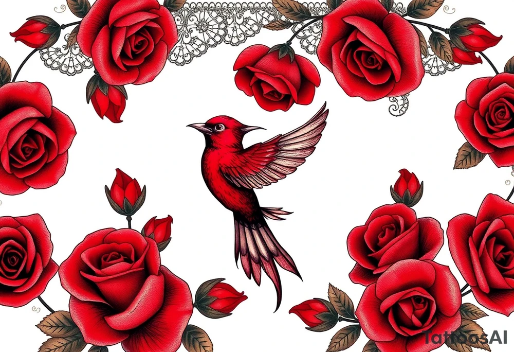 Vintage dollies, red roses, lace, red bird tattoo idea