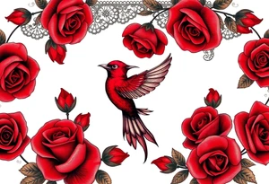 Vintage dollies, red roses, lace, red bird tattoo idea