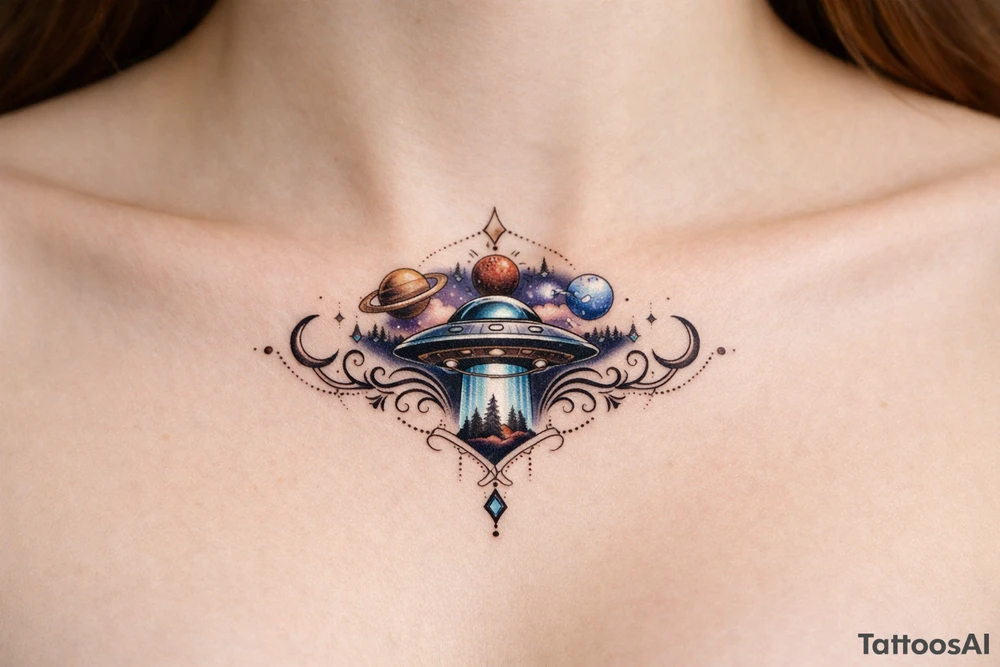 ufo under breast or space with planets tattoo idea