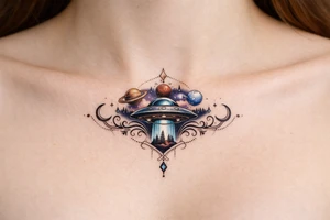 ufo under breast or space with planets tattoo idea