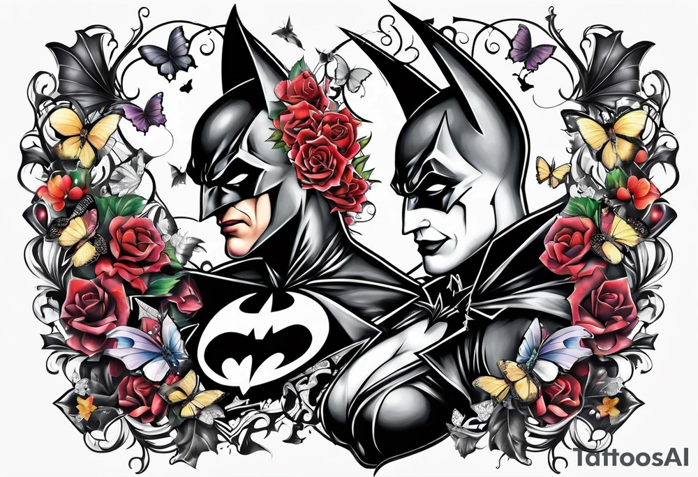 Small Batman and joker tattoo with butterflies and lots of color and harley quinn tattoo idea