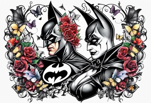 Small Batman and joker tattoo with butterflies and lots of color and harley quinn tattoo idea